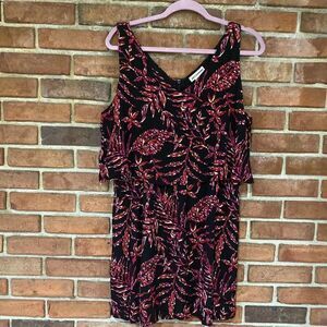 Artisan NY Sleeveless Layered Leafy Print Dress Black PInk 10